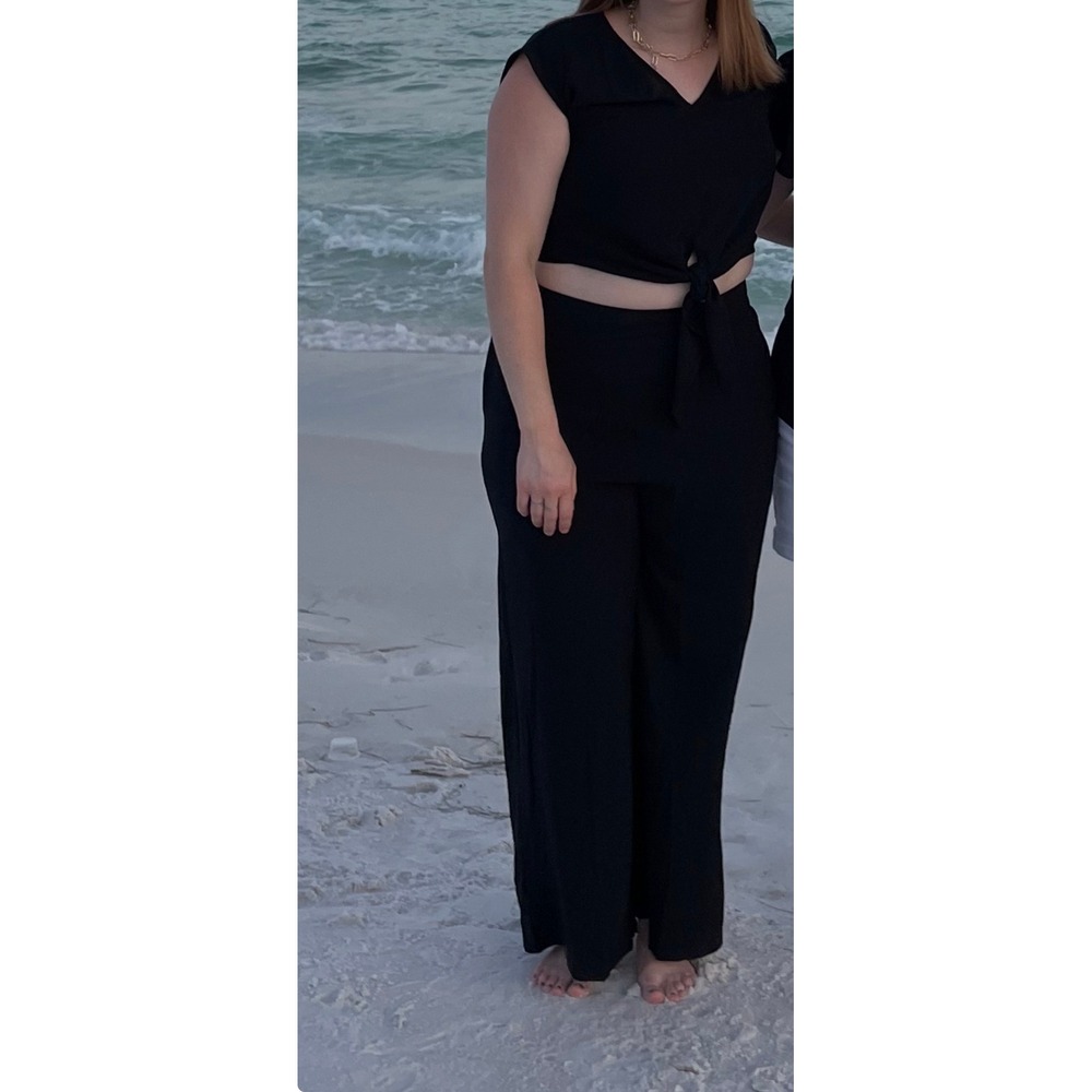 Two Piece Set Black Tie Front Crop Top Wide Leg Pants XL Summer Beach